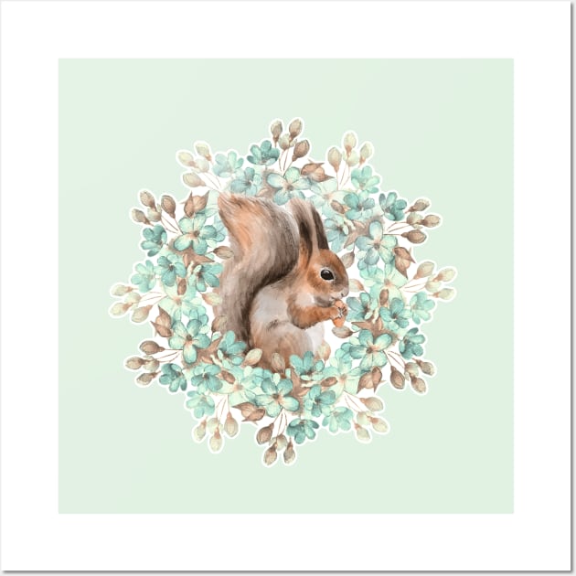 Squirrel and flowers Wall Art by Gribanessa